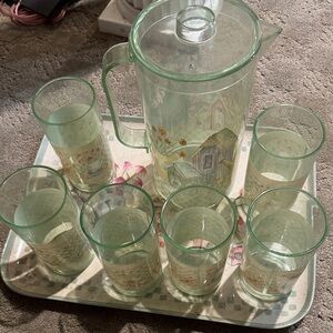 Source Unknown Green Glass Pitcher and Tumbler Set